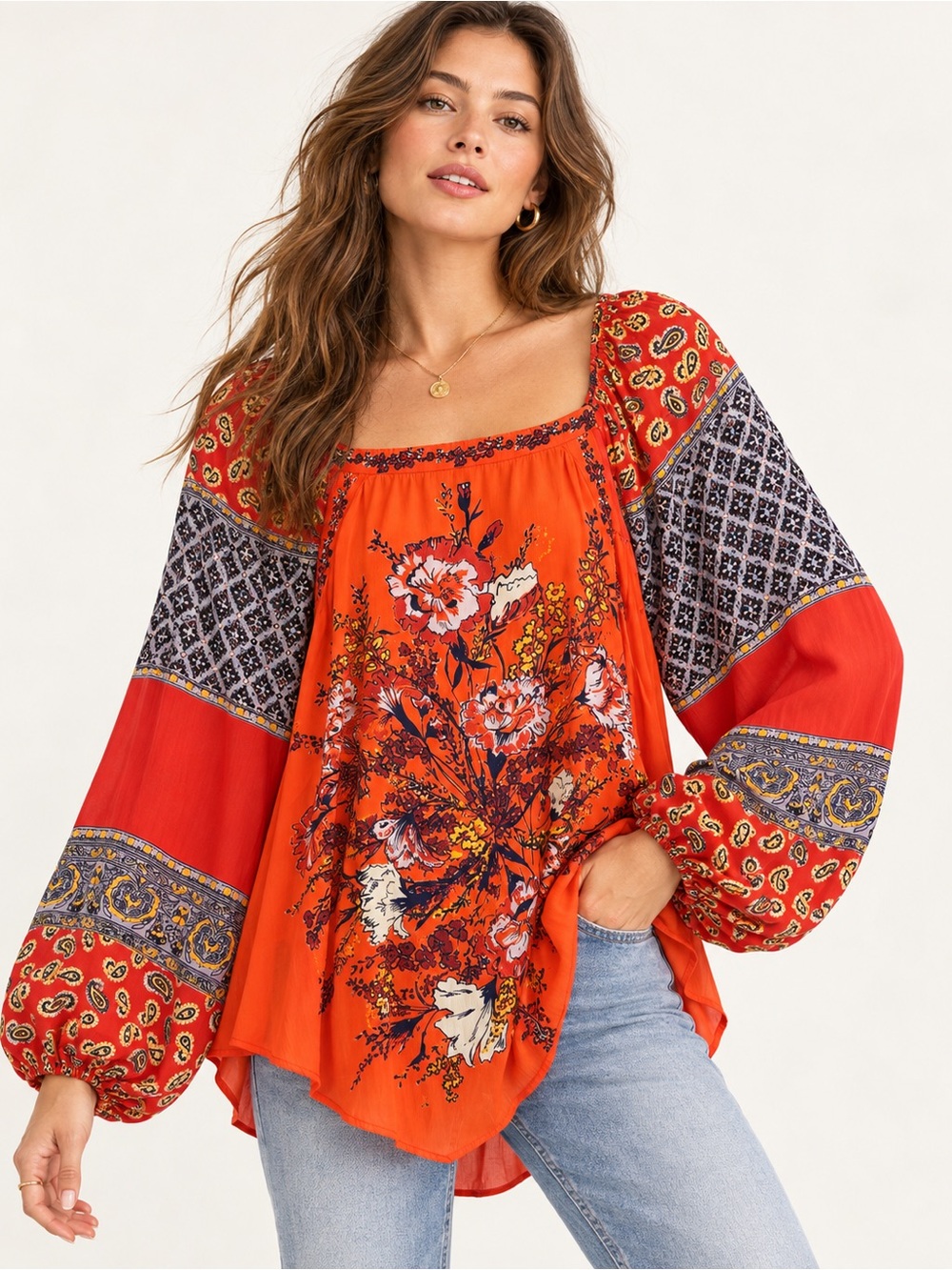 Free People Positano Patchwork Orange Floral Patchwork Boho Festival Blouse M